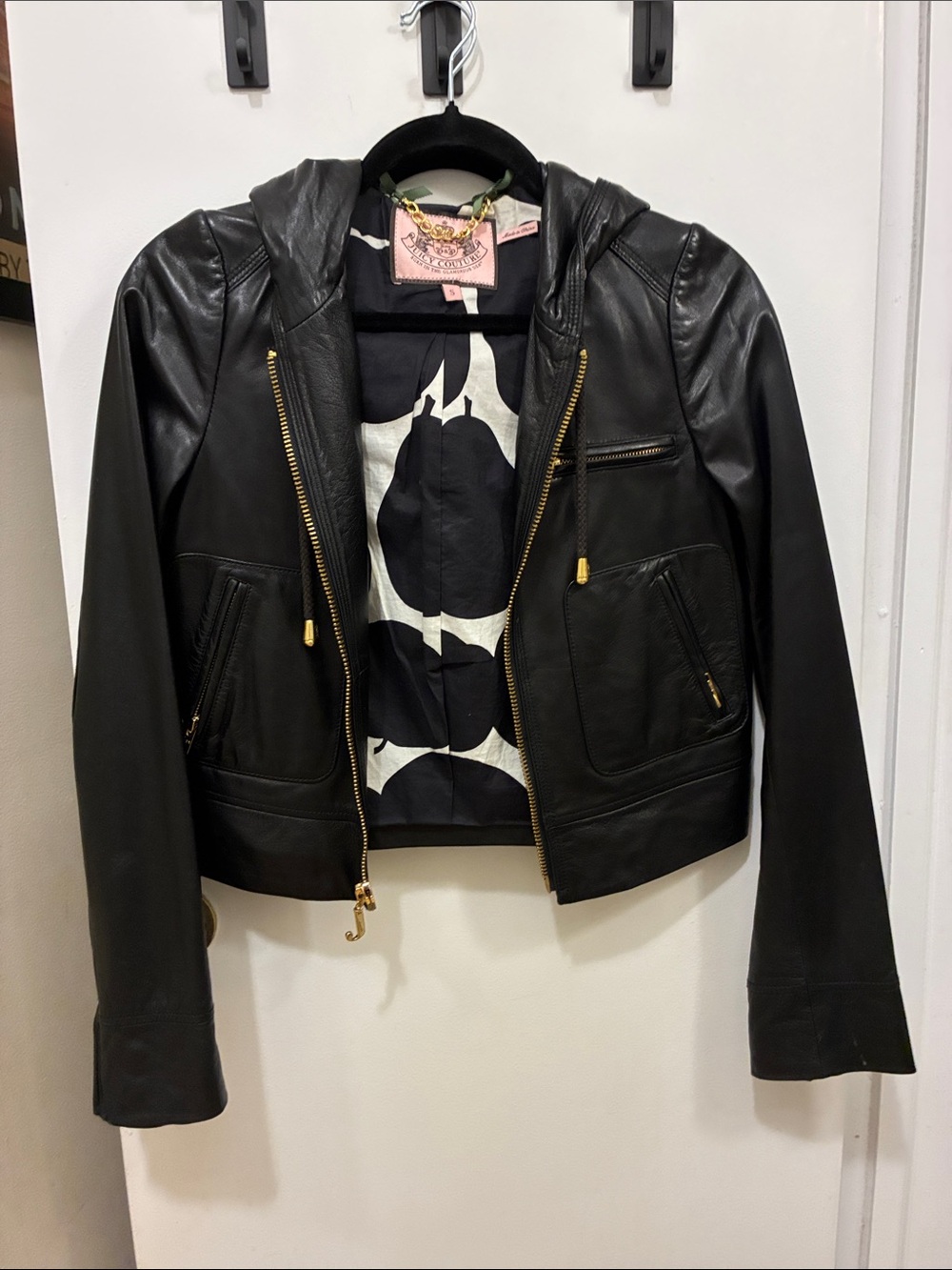 RARE Y2K Juicy Couture Leather Hooded Bomber Jacket - Black - McBling Era